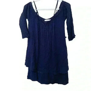 Favlux Boho crinkle fabric, open shoulder tunic in navy blue